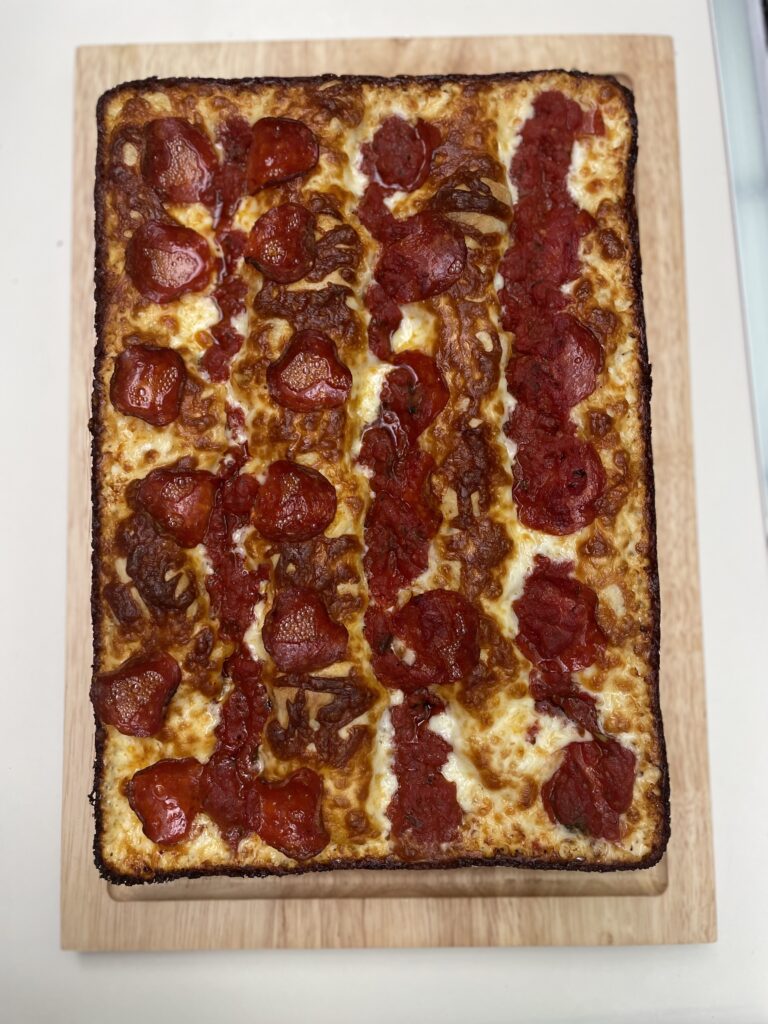 Cooked Detroit style pizza